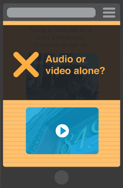 Provide text alternatives. CHECK. Video is captioned, and audio and video have text transcripts available.