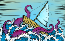 Course Correction sailboat storm sea monster octopus tentacles